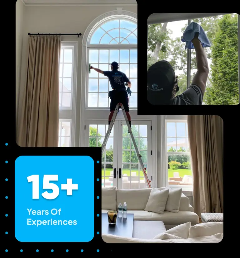 A collage of Clean Hamptons crews cleaning tall windows inside a house